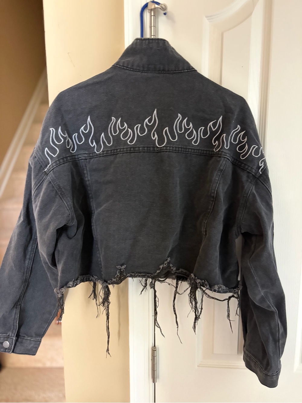 Black Cropped Flame-Embroidered Denim Jacket